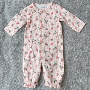 Mud Pie Pink Long Sleeve Floral Print Cotton Onesie, 3-6 months, Lightweight